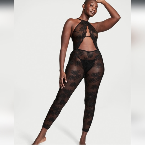 NWT VS VERY SEXY Black Fishnet Floral Crotchless Catsuit - Picture 3 of 4